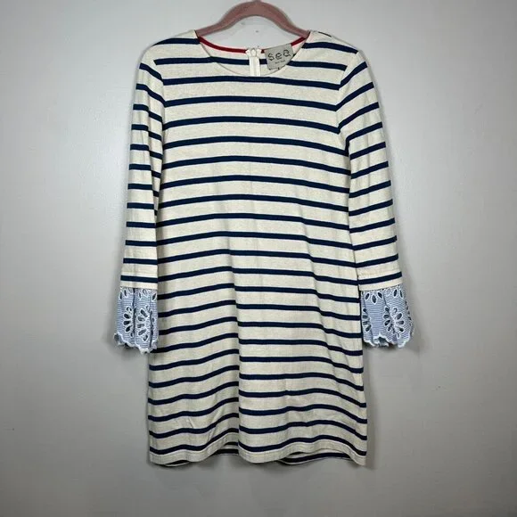 SEA NY Striped Eyelet Long Sleeve Shift Dress Women L Stretch Cotton Scoop Neck - Picture 2 of 8